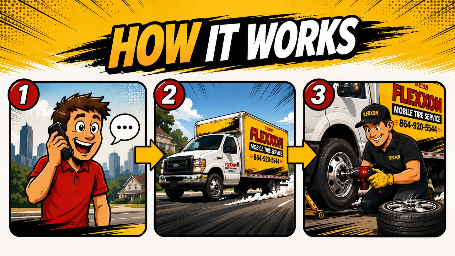Customer calls Flexxon and the mobile tire service truck arrives to fix a tire